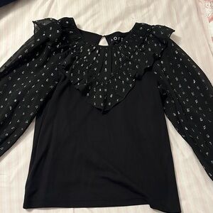 LOFT Black Ruffle Blouse with Sheer Sleeves